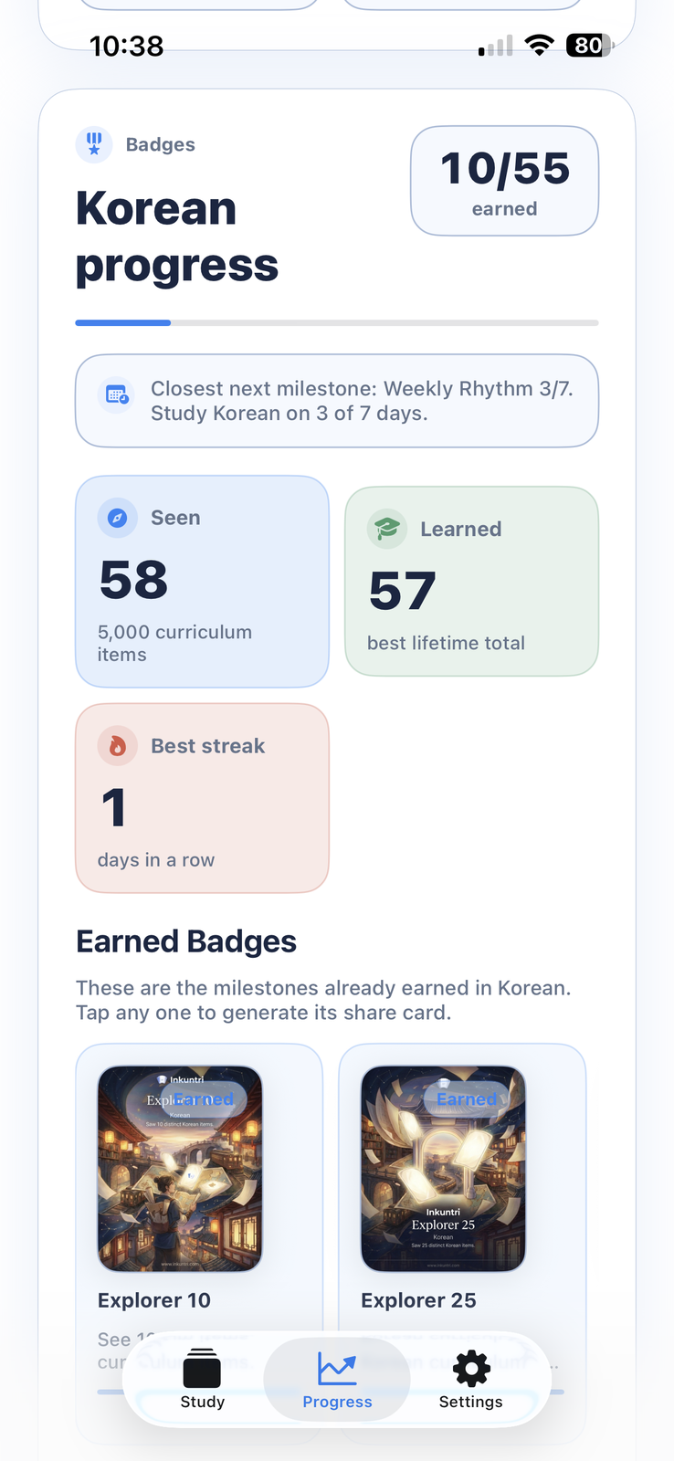 Inkuntri progress screen showing earned badges and language progress.