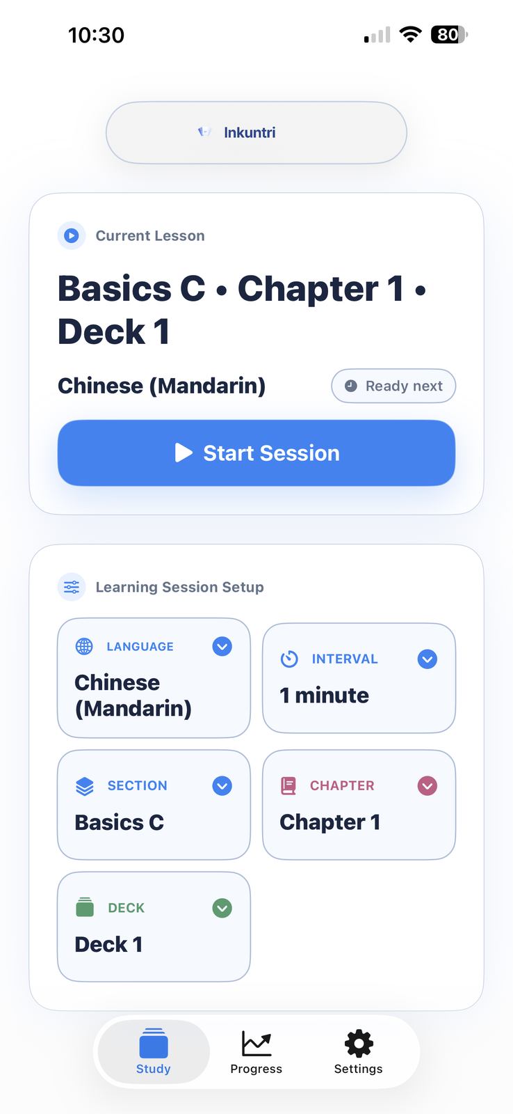 Inkuntri session setup screen with atomized learning controls.